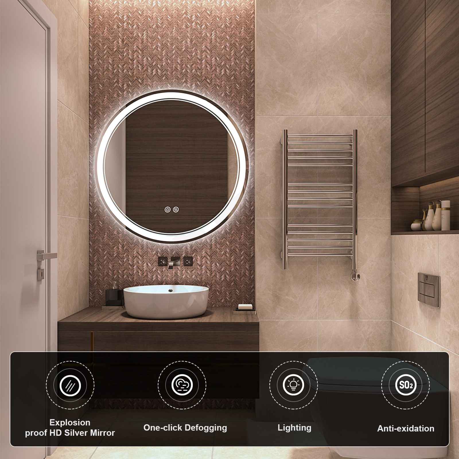 Hot sale Lampu ngarep + Backlit Dekoratif Round LED Bathroom Mirror karo multi-fungsi