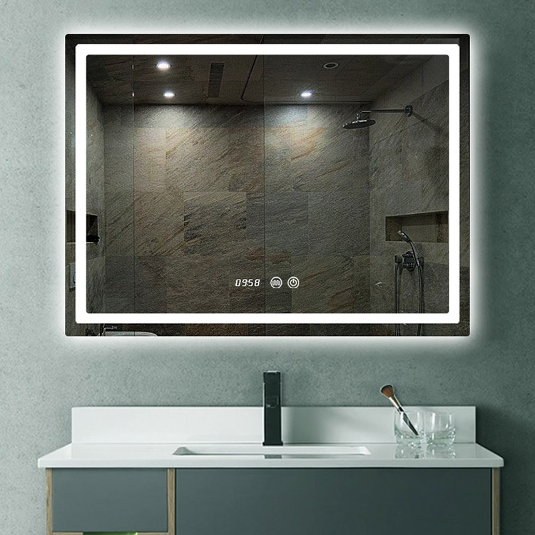 Hotel Luxury Defogger LED Lighted Bath Mirror Kanthi Tampilan Wektu